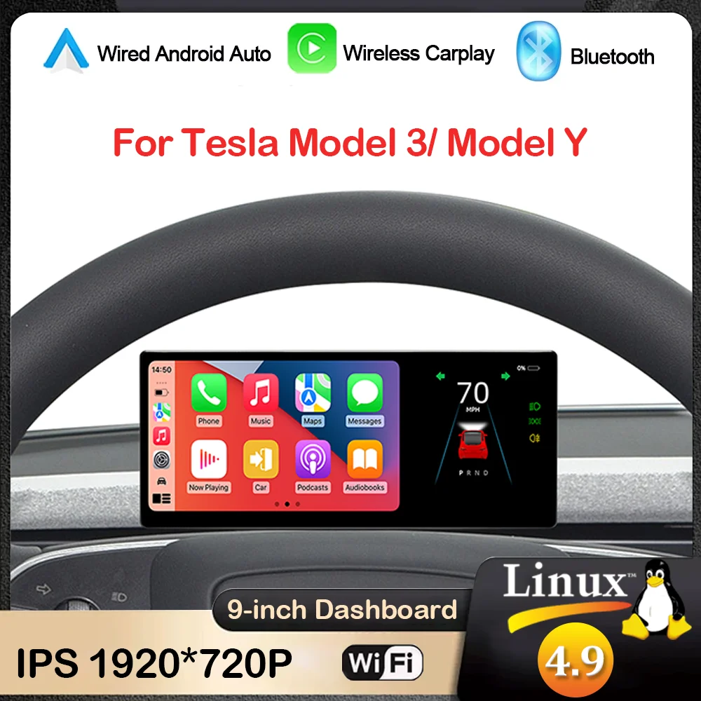 9 inch for Tesla Model 3 Y HUD Heads Up Display Digital Dashboard Center Console IPS Touch Screen Carplay Android Auto WiFi OTA