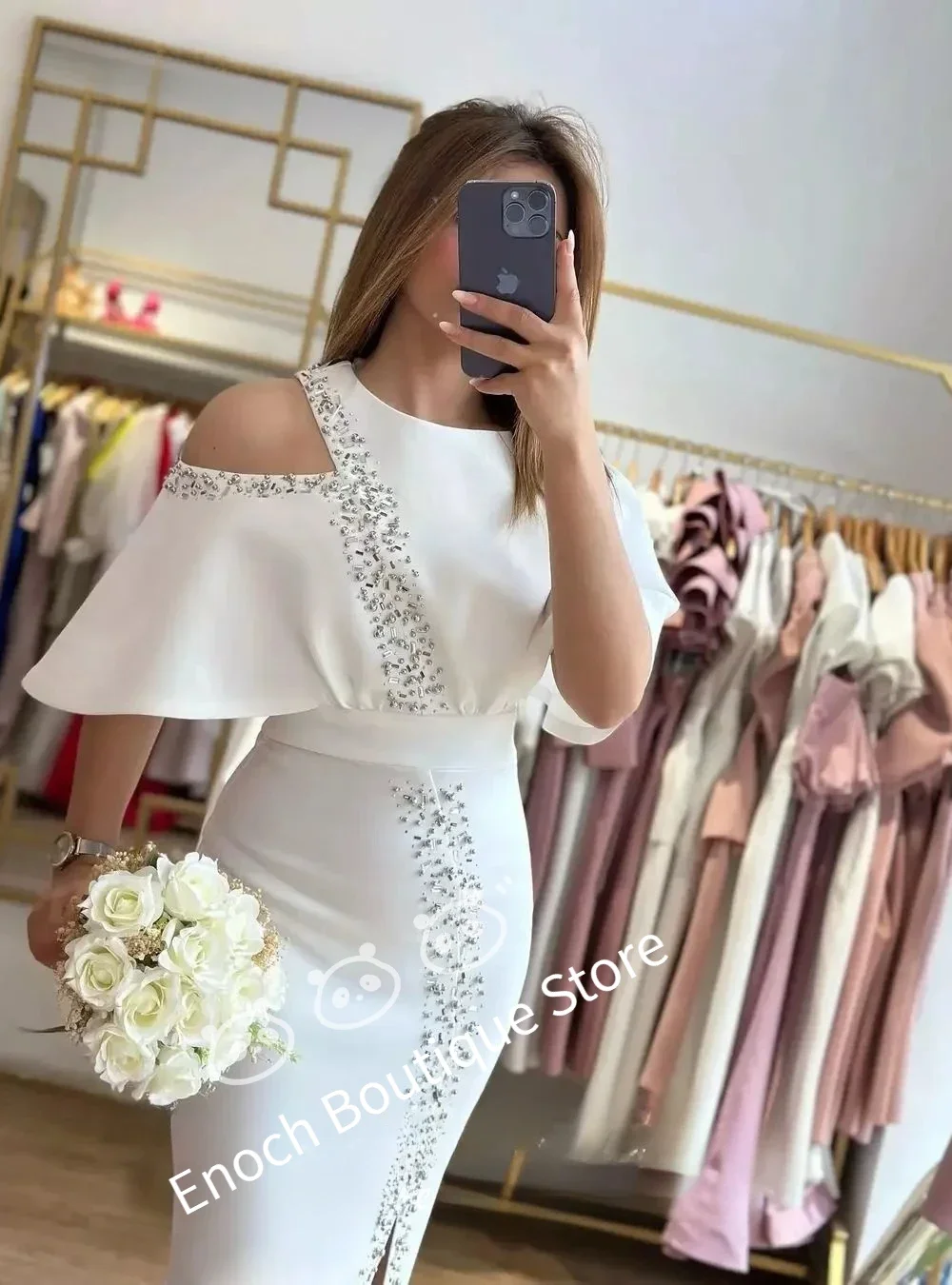 فساتين الحفلات المسائية للنساء من ENOCH مصنوعة حسب الطلب باللون الأزرق السماوي ورقبة دائرية وأكمام مكشكشة مطرزة حورية البحر طول الشاي فستان حفلات سبليت جديد 2025