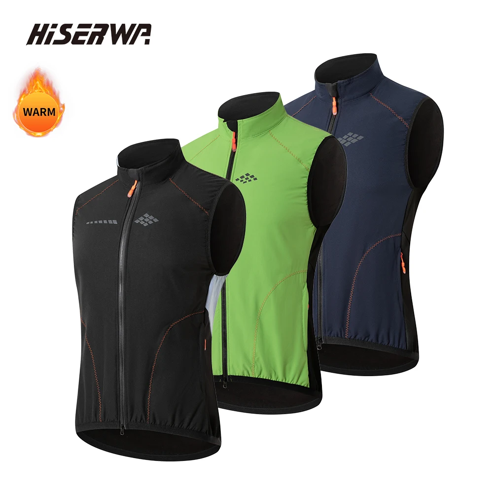 

HISERWA Men Cycling Vest Sleeveless Thermal Fleece Bicycle Gelit Windproof Waterproof Bike Vest High Quality Two Way Zippers