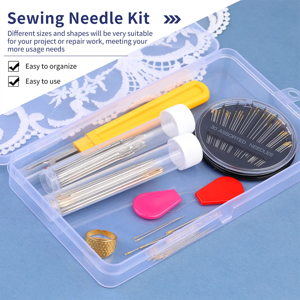 IMZAY Hand Sewing Needles Set with Large Eye Premium Stitching Needles Seam Ripper Plastic Threader and Thimble for Hand Repair