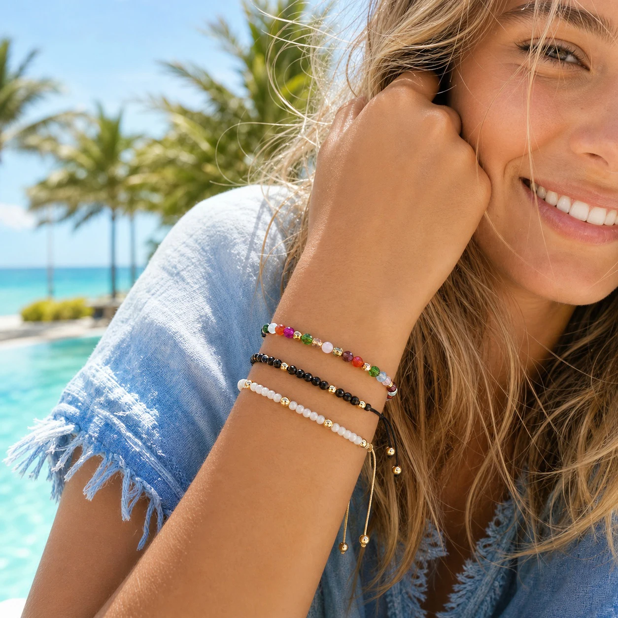 3pcs Women's Colorful Boho Round Crystal Beaded Adjustable Drawstring Strand Bracelets with Copper Beads Beach Style