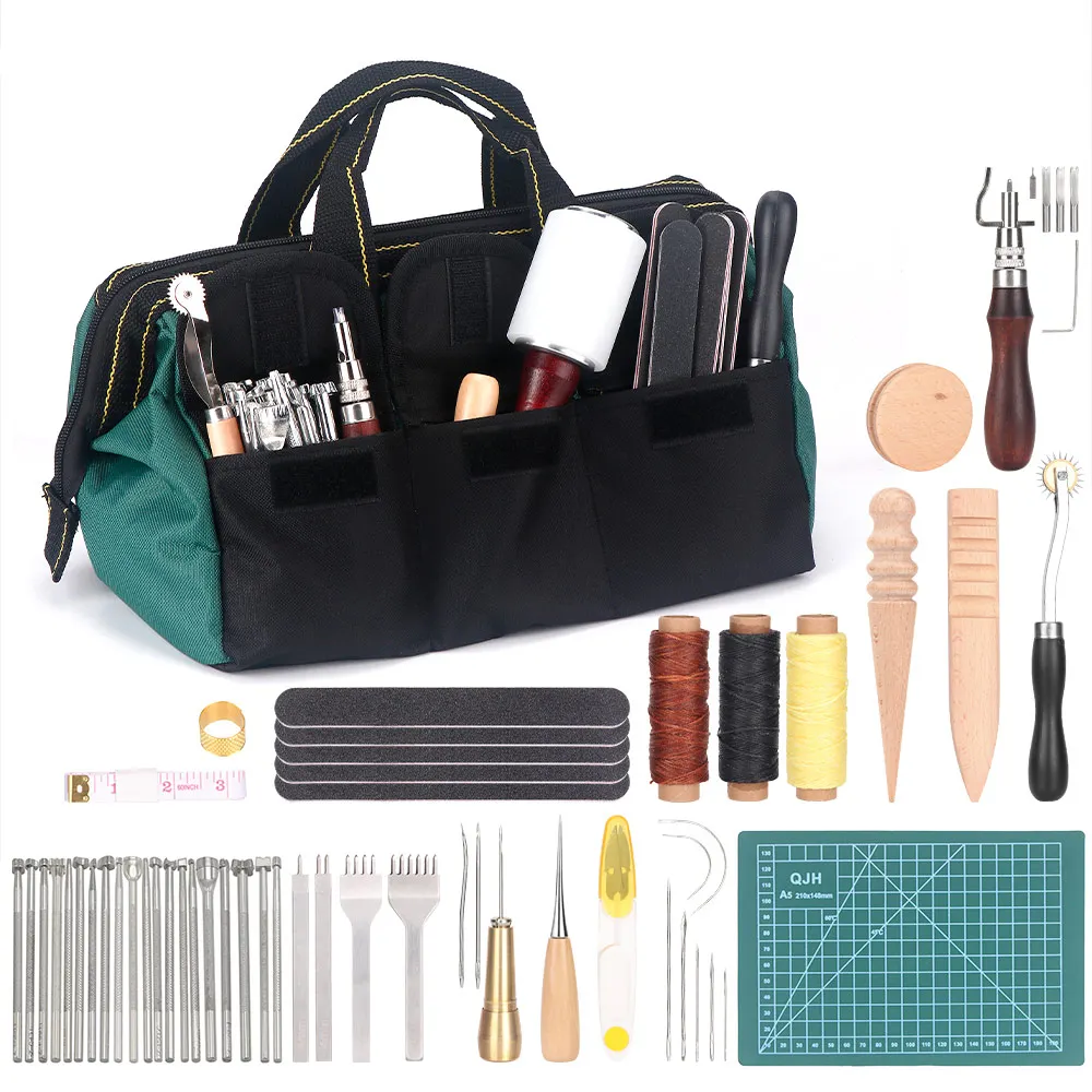 Leather Working Kit Craft Tools Supplies With Sewing Thread Curved Needles Groover for Sewing Carving Punching Stamping