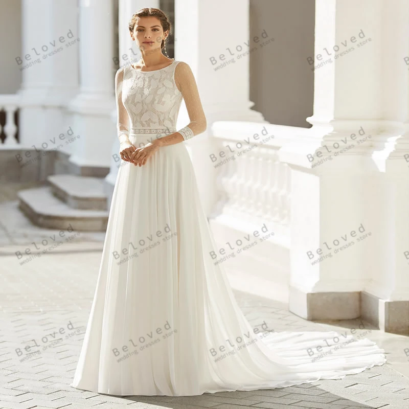 Robe de mariée trapèze bohème, robes en mousseline de soie, robes à col rond, appliques en dentelle, manches trois quarts, 2024