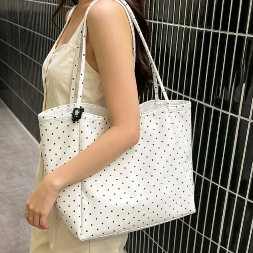 Large-Capacity New Polka-Dot Canvas Bag, Korean Style Girl's Korean-Style Student Tote Bag, Versatile Commuting Shoulder Bag view 2
