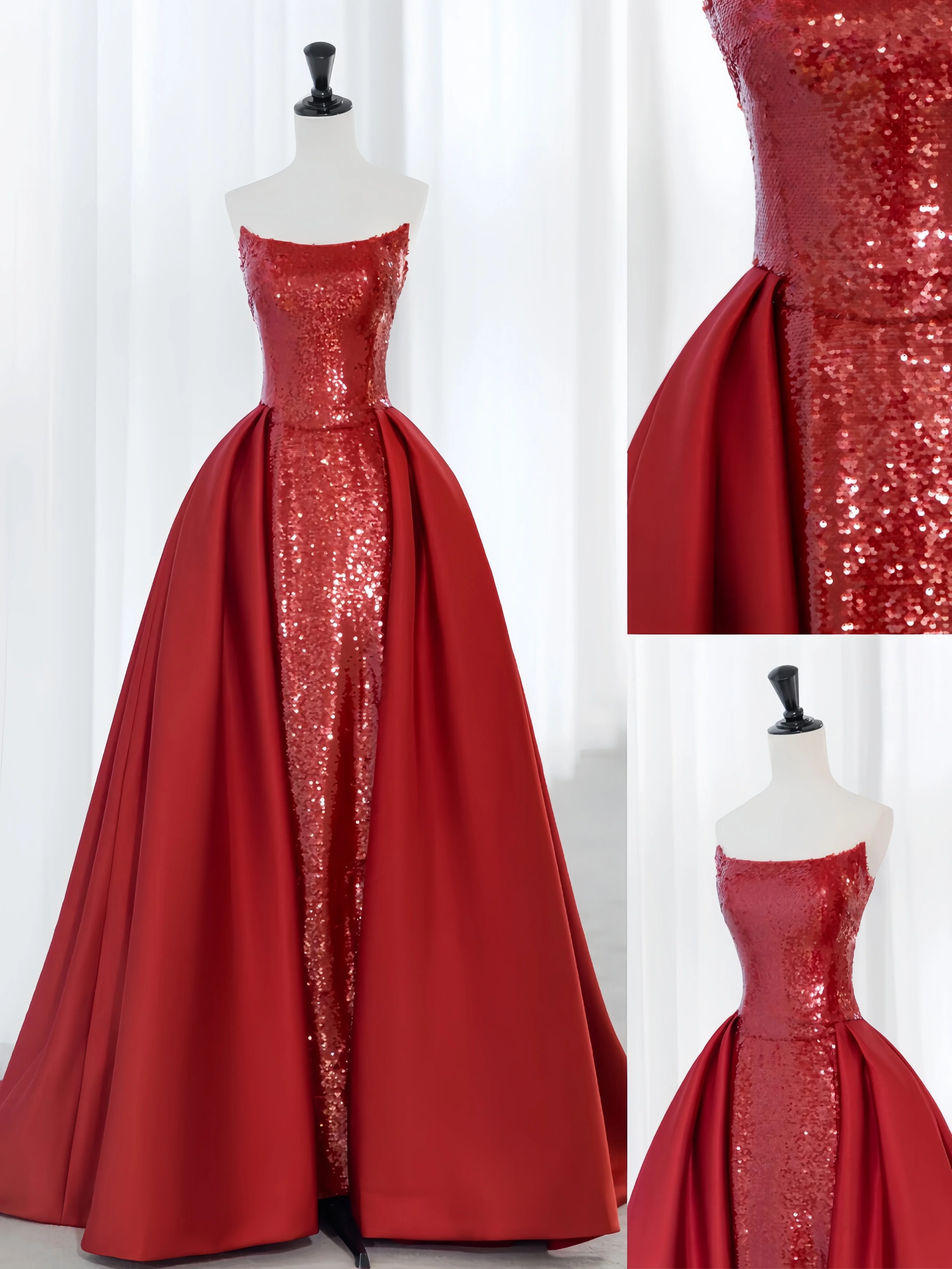 

Glamorous Red Prom Dress Boat Neck Sequin Satin Wrap High Slit Fishtail Strapless Sleeveless Formal Occasion Evening Gown