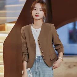 Off White Coffee Black V-Neck Suit Jacket Women Spring Autumn 2024 New Temperament Casual Short Blazers