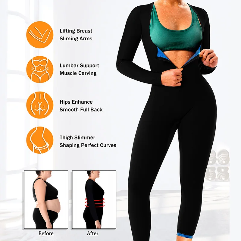 Women 3-in-1 Long Sleeved Shorts Body Shaper Sauna Sweat Suit for Adult Fat Workout Weight Loss Slimming Waist Trainer Jumpsuits