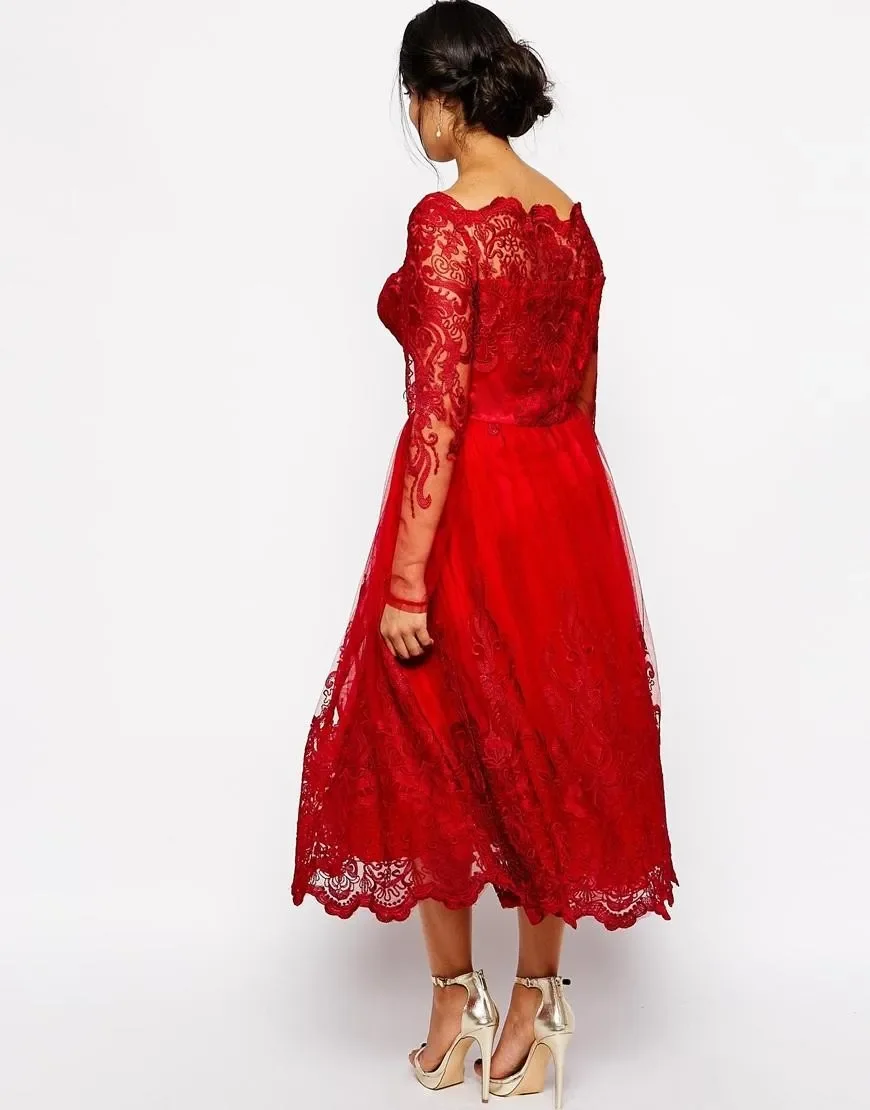 Classy Red ALine Lace Applique Plus Size Dresses Square Neck Long Sleeve TeaLength Party Prom Dress Evening Gown