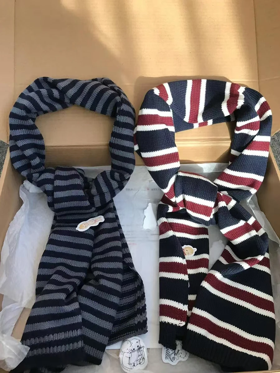 Navy Striped Knitted Warm Scarf Women Autumn Winter Unisex Thick Cotton Scarves Femme Vintage Sweet Preppy Style Shawl Hand Made