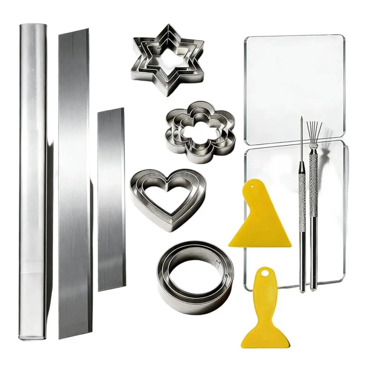 L70A Polymer Clay Tools Set, 12 Pcs Clay Cutters, Stainless Steel Round Cutter & Acrylic Clay Roller for Pottery & Earrings