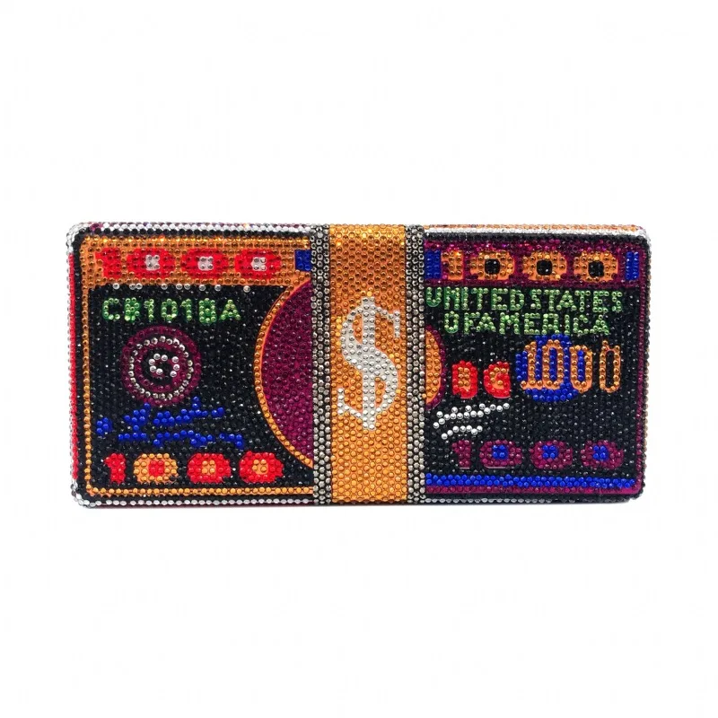 

Алмазный ужин выглядит как комплект долларов США Горячие бриллиантовые сумки Золото Юань Банкетные квадратные сумки Доллары Роскошные дизайнерские сумки