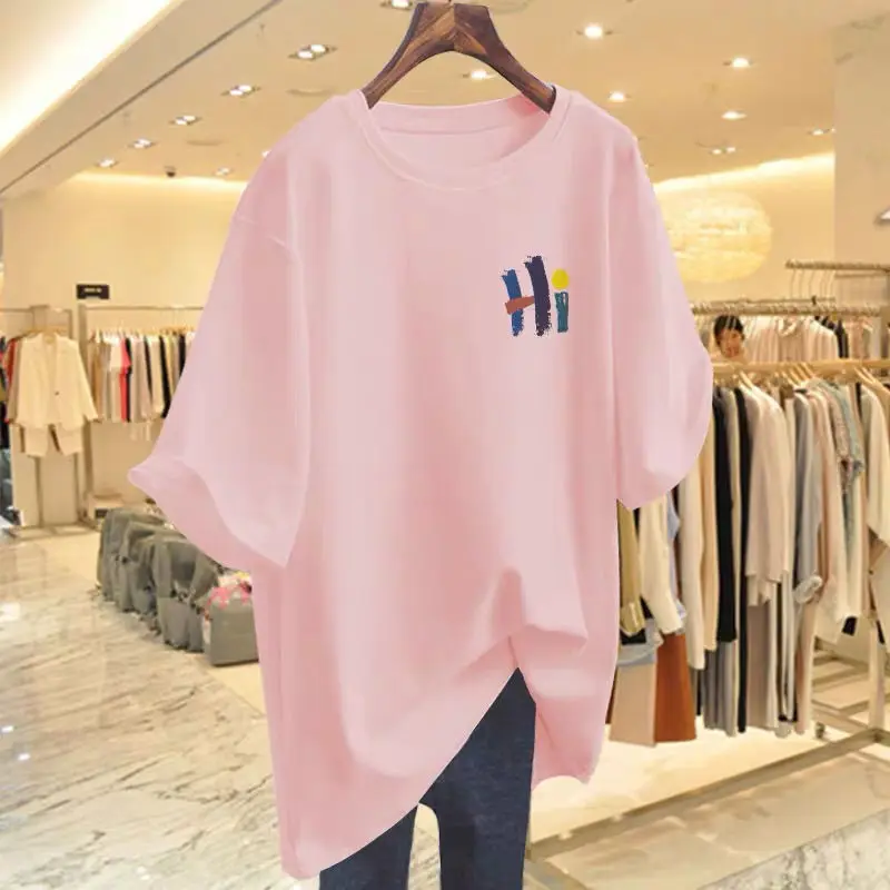 

Women Clothing O-neck Short Sleeve Pure Cotton Basic T-shirt Summer Fashion Color Letter Printing Tees Casual Loose Top 45-105Kg