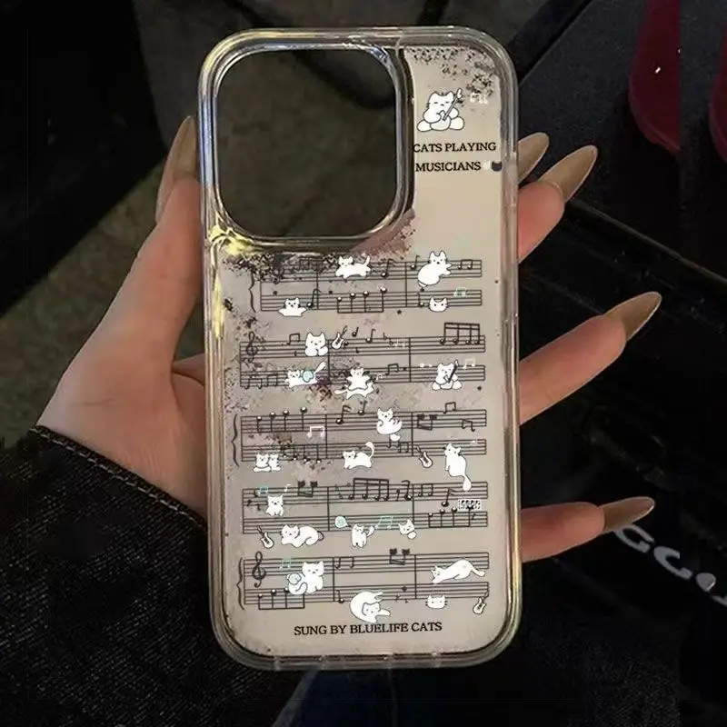Lovely Guitar Music Score Cats Case for IPhone17 16 15 14 13 12 11 Pro Max 8 Plus X XR XS Max luxury quicksand Shockproof Clear