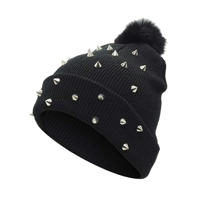 Punk Knitted Beanie Hat Black Acrylic Hat Rock Hiphop Winter Soft Warm Pom Bobble Knit Acrylic  for Women