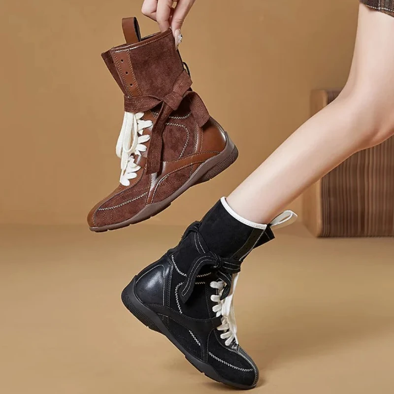 New Designer Lace Up Ankle Boots Women Retro Round Toe Non-Slip Zipper Design Modern Boots Ladies Fashion Outdoor Boxing Boots