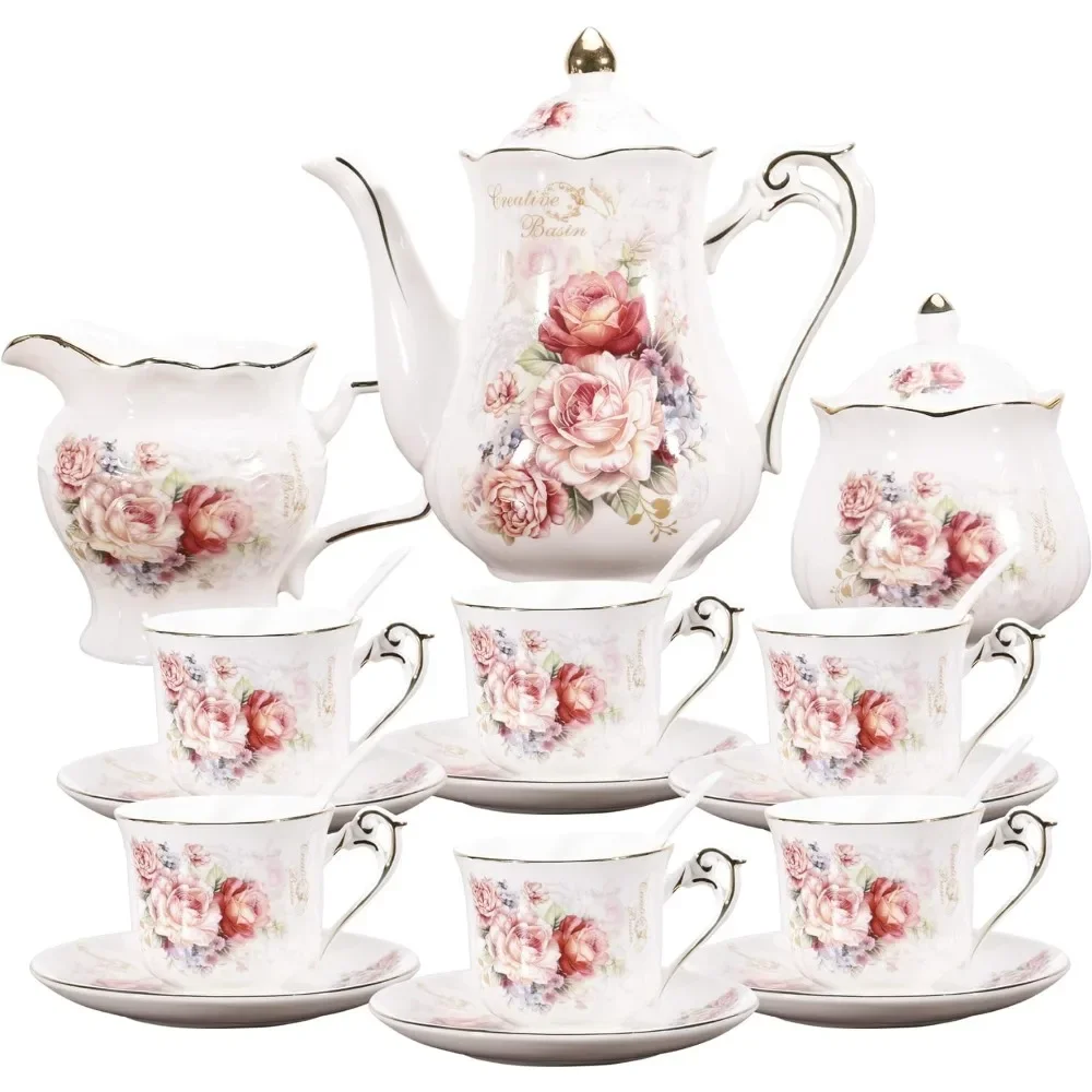 Tea Set Set, 15 Piece Vintage Tea Set, Rose Pattern, Adult, Coffee Set