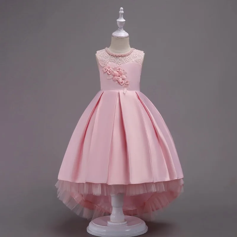 Children's Spring Summer Dress Princess Tail  Host Performance Flower Children's Solid O-Neck Flower Girl Dresses