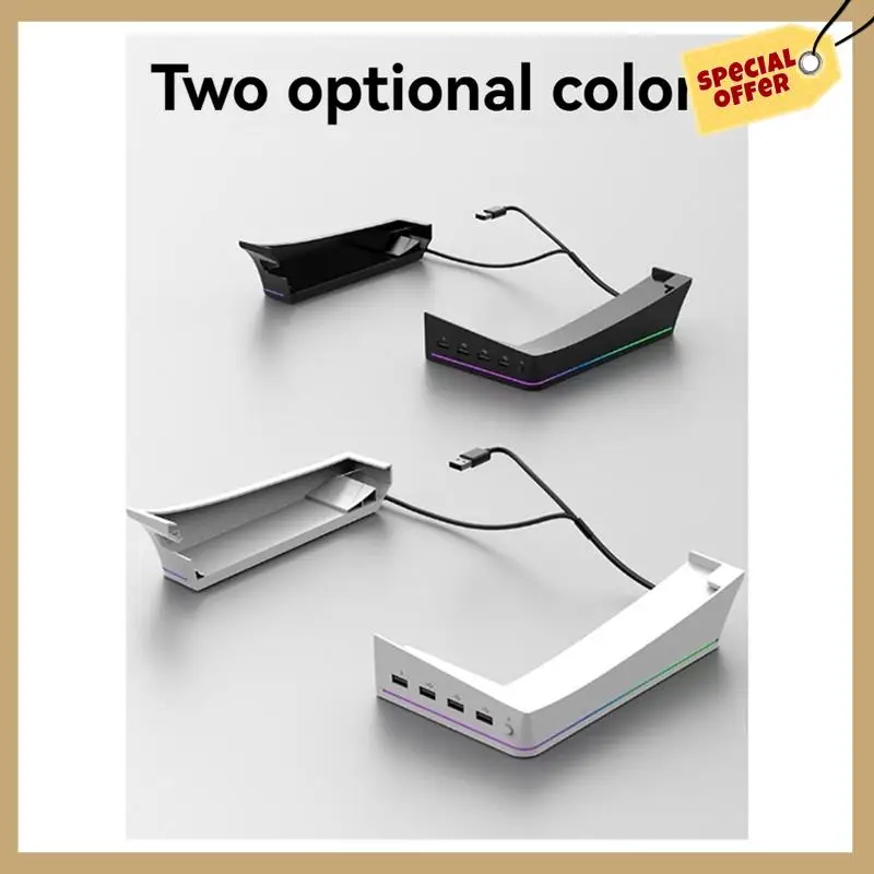 أداء مستقر - لحامل PS5 Slim/Pro مع أوضاع إضاءة و4 محاور USB لتخزين وعرض معزز باللون الأبيض