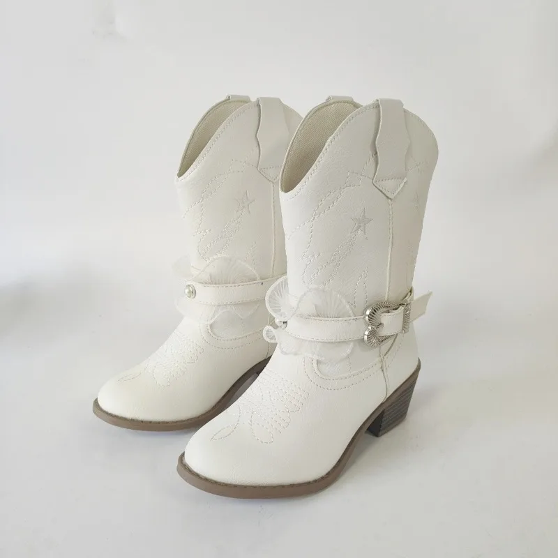 

Высокие сапоги до середины икры с кружевной отделкой и жемчугом для девочек, сапоги до середины икры с круглым носком и толстым каблуком, детские модные кожаные сапоги