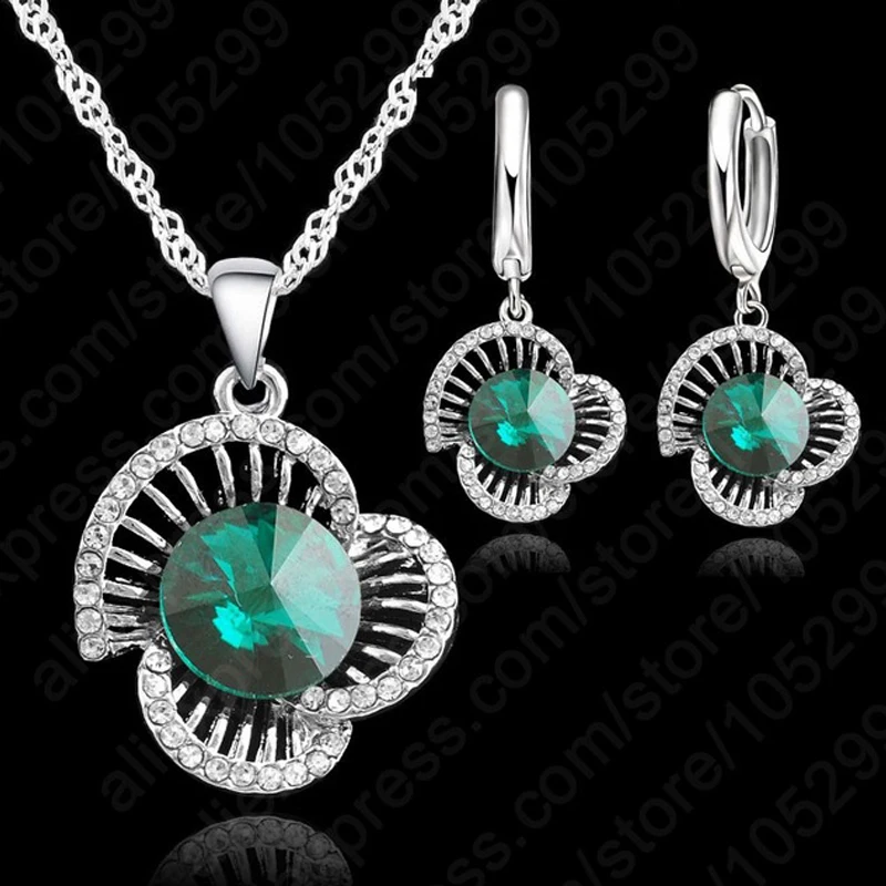 Hollow Three Flowers Necklace Earrings Sets 925 Sterling Silver Pretty Colour Crysal Factory Price Gift For Women Party