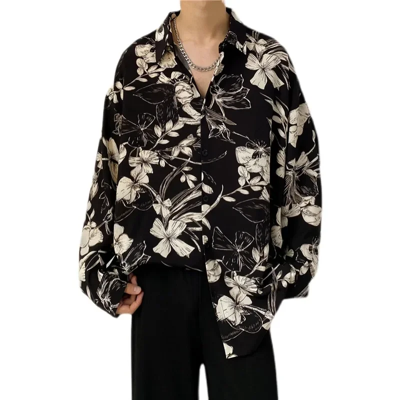 Spring Black Long-sleeved Shirt Men Fashion Society Mens Dress Shirt Korean Loose Casual Flower Shirt Mens Print Shirt M-3XL