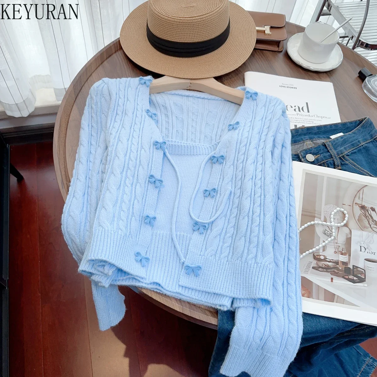 Autumn Winter Vintage Twists Sweater Set Women Gentle Wind Bow Tie Button O-neck Long Sleeve Knitted Cardigan and Vest Tops Suit