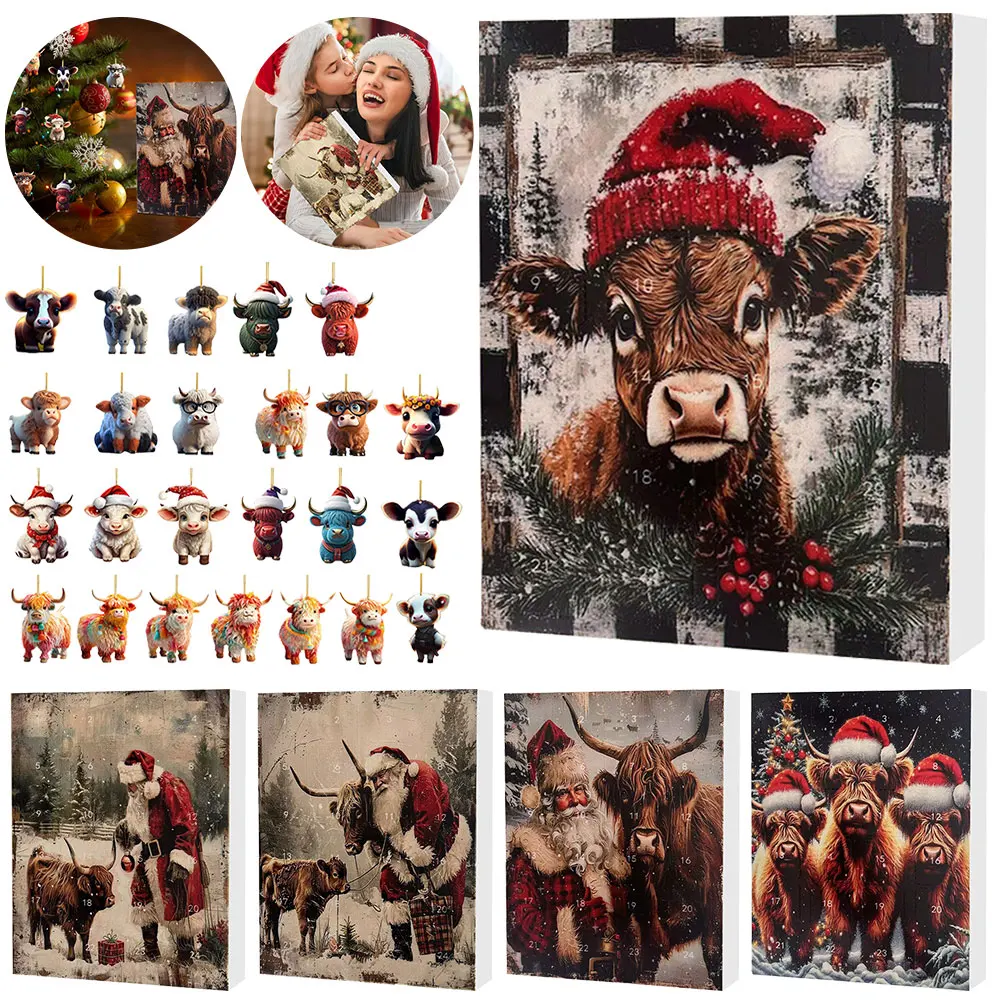 Calendrier de l'Avent de Noël avec Vache Highland, Ornements de Vacances, Dessin Animé Acrylique, Décorations de Face, Décoration de Maison, 2024
