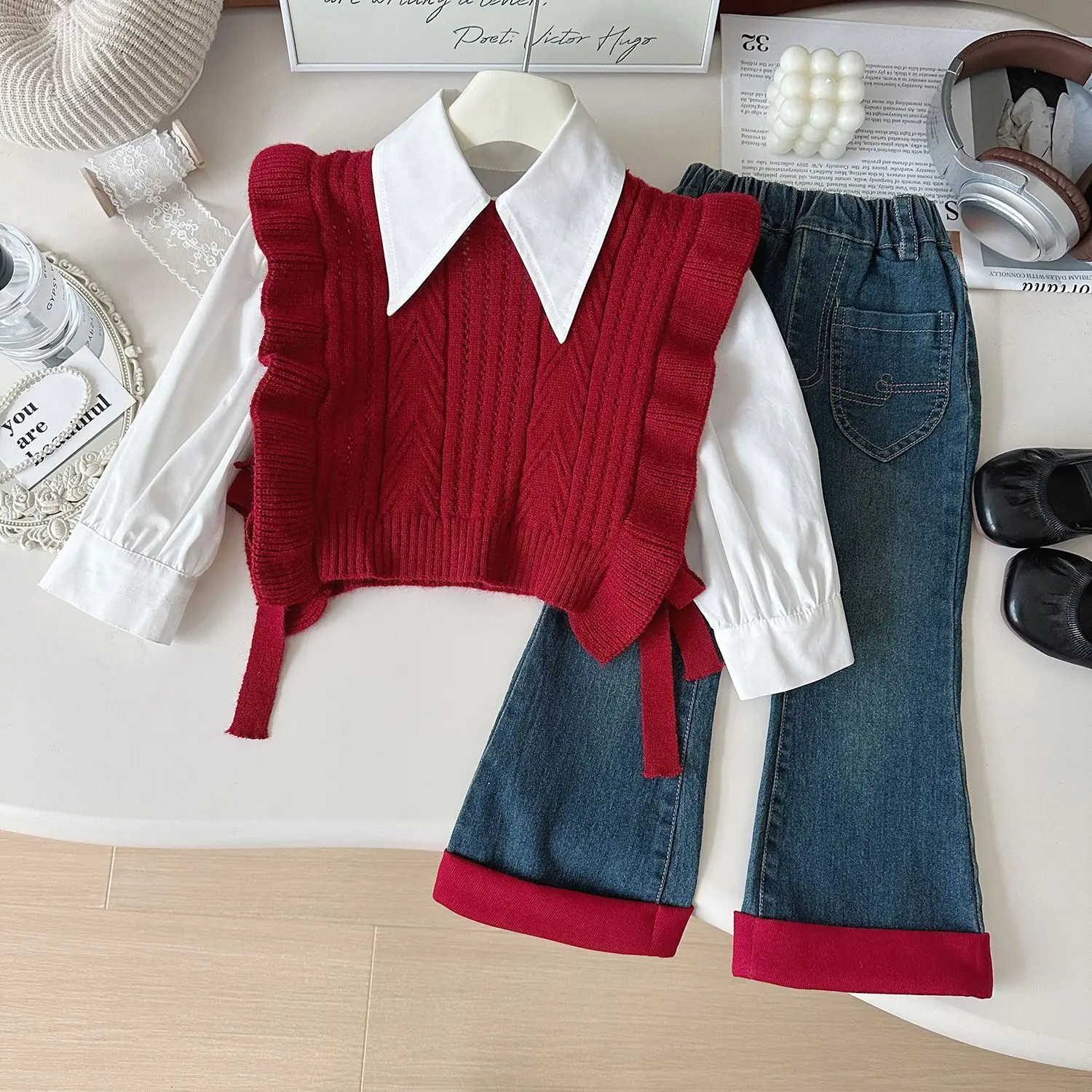 Spring Autumn Toddler Girls 3PCS Clothes Set New Girls\' Sweater Vest + Shirt + Jeans Three-piece Set Girl Outfit Set 2-7yrs