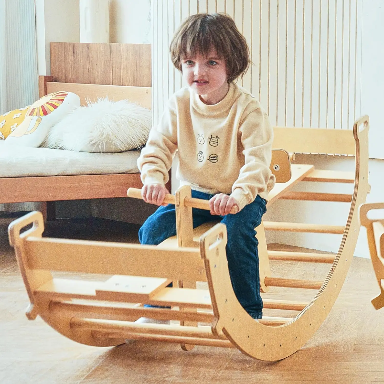 Bailis Ultimate 3-in-1 Playset for Kids - Seesaw, Climbing Arch and Rocker - Waldorf and Montessori Climbing Toy for Children 2-