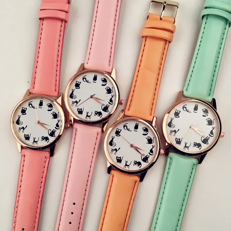 Moda kobiety zegarki Casual wzór z kotem z kreskówki skórzany pasek kwarcowy zegarek kobiety Relogio Feminino seks koliati Relojes