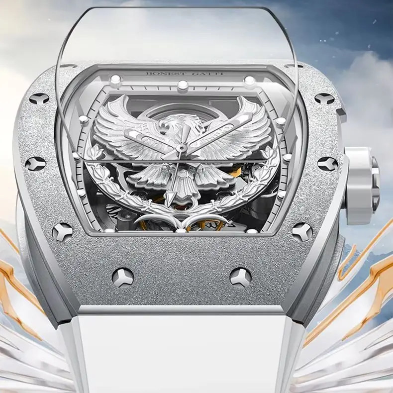 BONEST GATTI ساعة أوتوماتيكية للرجال 50 مللي متر Tonneau ساعة اليد الميكانيكية الياقوت مضيئة الهيكل العظمي النسر الهاتفي حزام مطاط الفلور