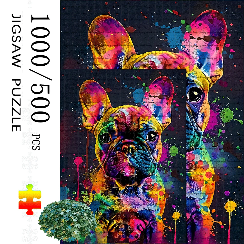 1000/500pcs French Bulldog Puzzle for Adults & Families - Large Challenging Dog-Themed Puzzle with Color-Coded Pieces, Interme