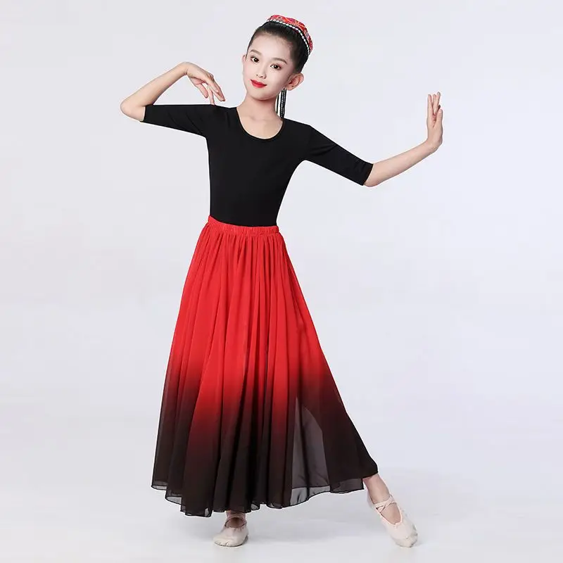 Novas crianças menina espanha dança flamenco chiffon saia para crianças desempenho de palco saias de dança 180/360/540/720 graus trajes