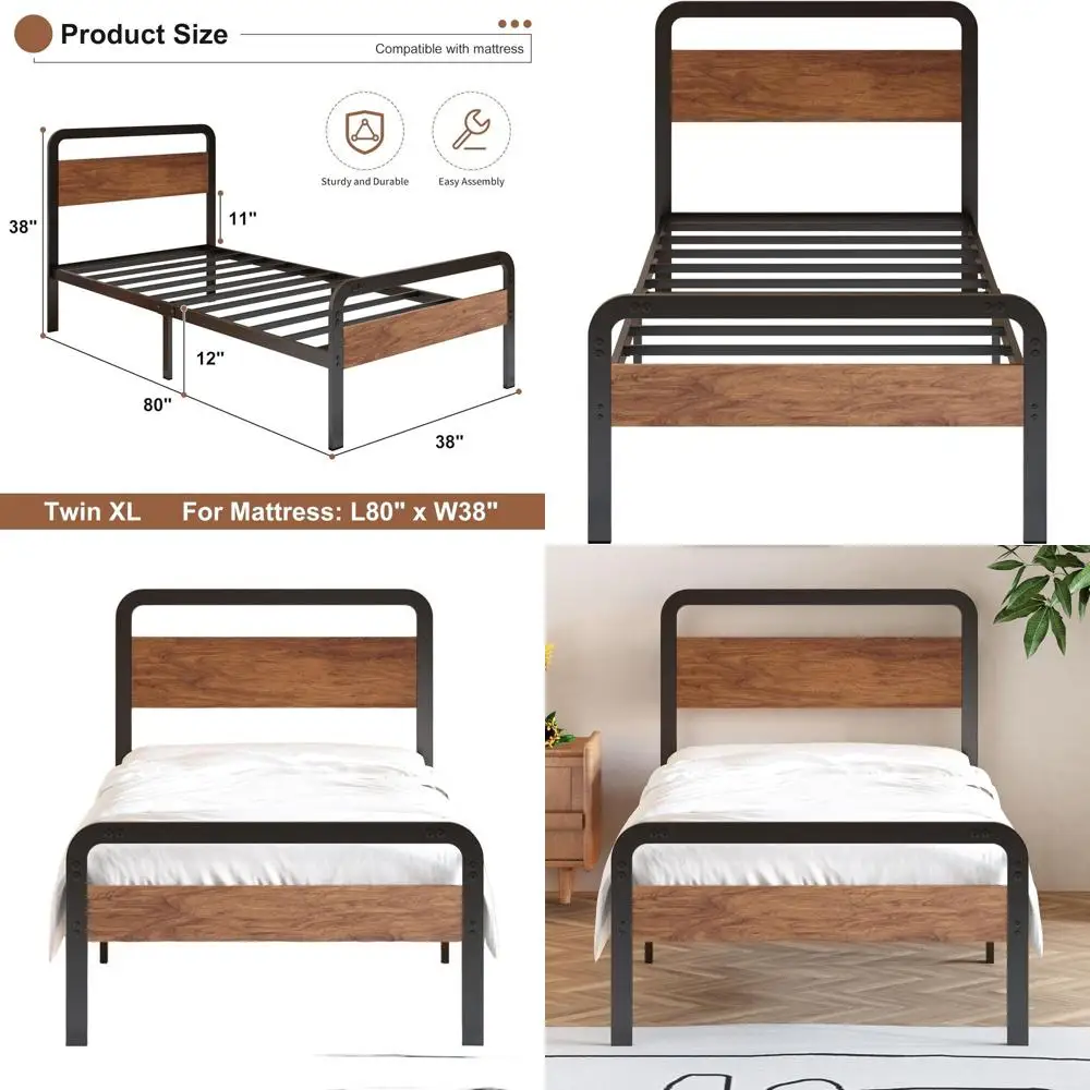 

Черный сверхпрочный металлический каркас кровати Twin XL с деревянным изголовьем, изножьем, без коробчатой пружины, простая сборка, тихий