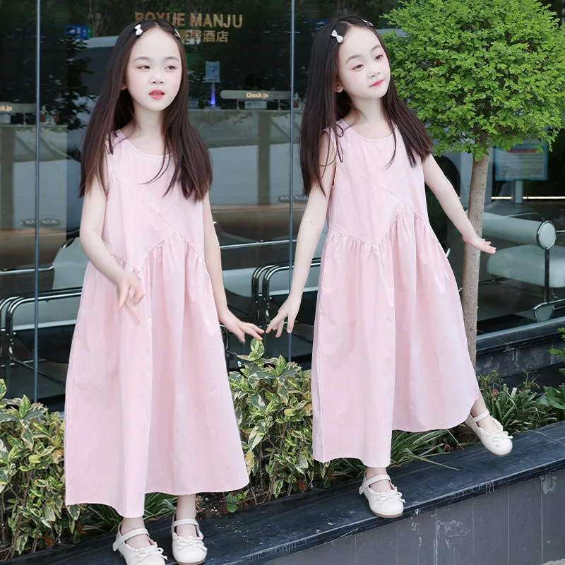 2026 summer Dresses kid baby party white princess Girl Mid Long sleeveless Teenager A-LINE Pleated slip dress 4 8 10 12 14 Year