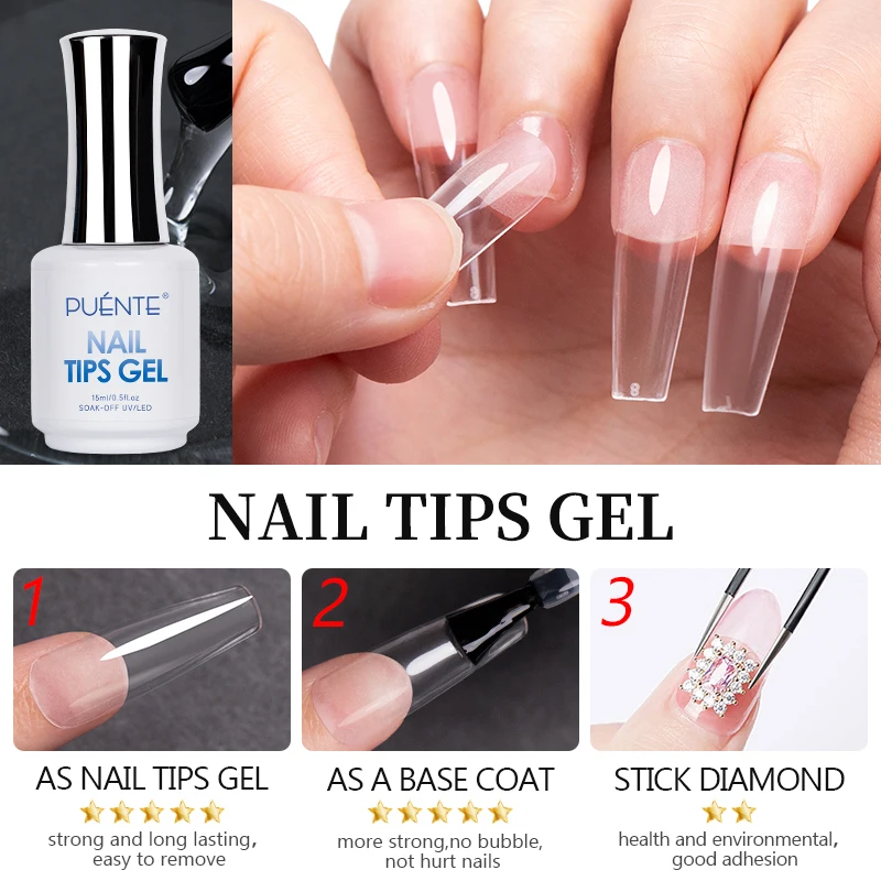 PUENTE 15ML Nail Tips Glue Gel For False Tips Extend Nails 3 IN 1 Transparent Function UV Nail Gel Base Coat Diamond Stick Glue