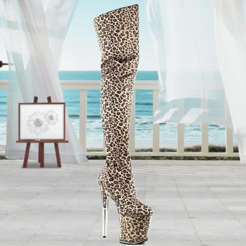 

2026 Sexy Leopard Print Women's 20cm Thin High Heels Crystal Stilettos Round Toe Over The Knee Long Boots Waterproof Pumps