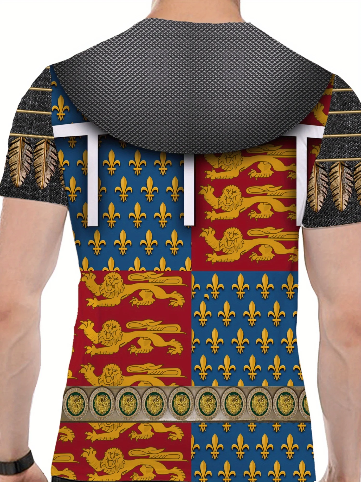 Men's Medieval Knight Armor 3D Print T-Shirt - Short Sleeve, Breathable Polyester, Retro Gorgeous Design with Coat of Arms