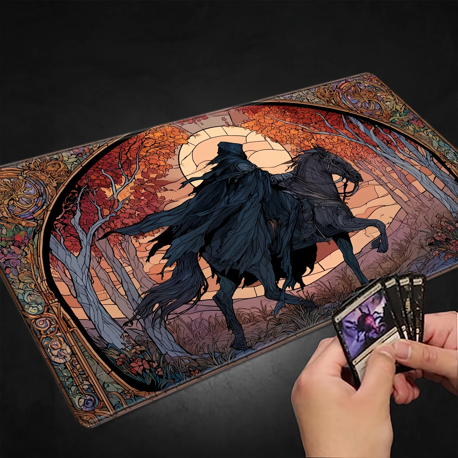 40x90cm Dusk Rider Stained Glass Playmat, Non-Slip Rubber Game Mat for MTG CCG, Large Mouse Pad for Office Desk Gaming