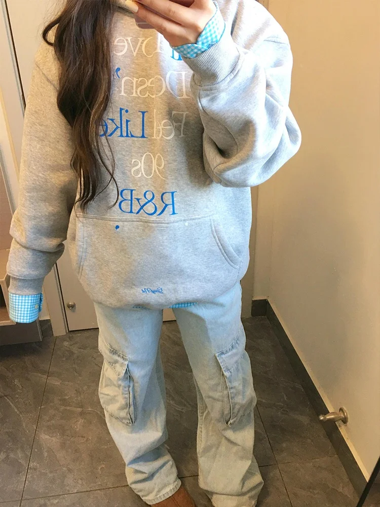 ey Oversize Hoodie Women's Spring Letter Print Loose Outerwear Chic Lazy American Sle Long Sve Commute Length Regular Fit