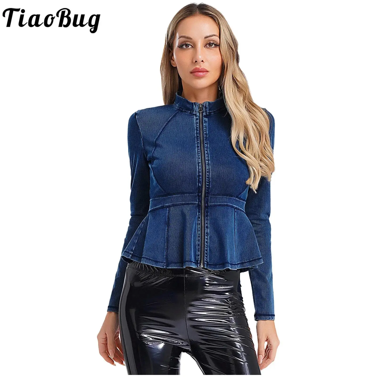 Women Fashion Denim Peplum Jacket Party Daily Wear Stand Collar Long Sleeve Zipper Slim-Fit Ruffle Coat Workout Athletic Outwear