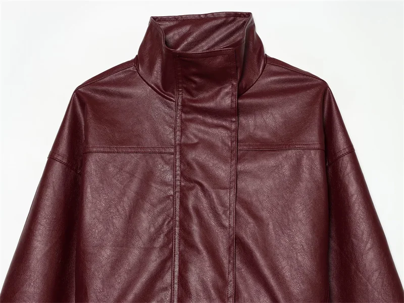 Guobioziy 2026 Autumn Slim Fit PU Leather Jacket Women Belted Waist Stand Collar Coat For Elegant Office Lady Work Wear