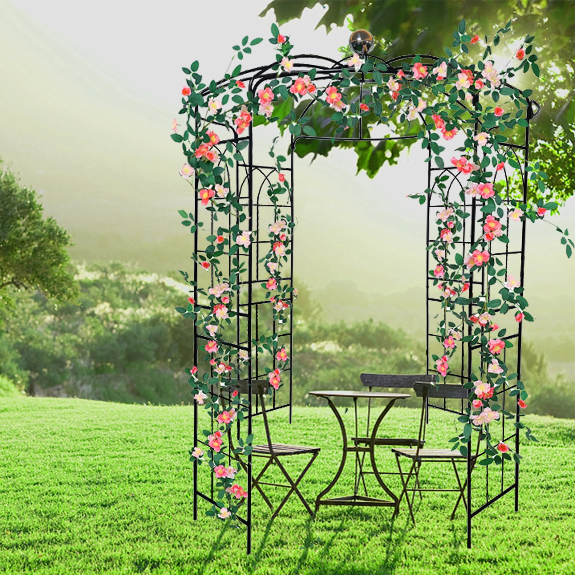 Iron Garden Outdoor Black Wedding Arch 81.3''x114.2'' High Birdcage Shape Pergola Pavilion Black Gazebo Arbors for Wedding