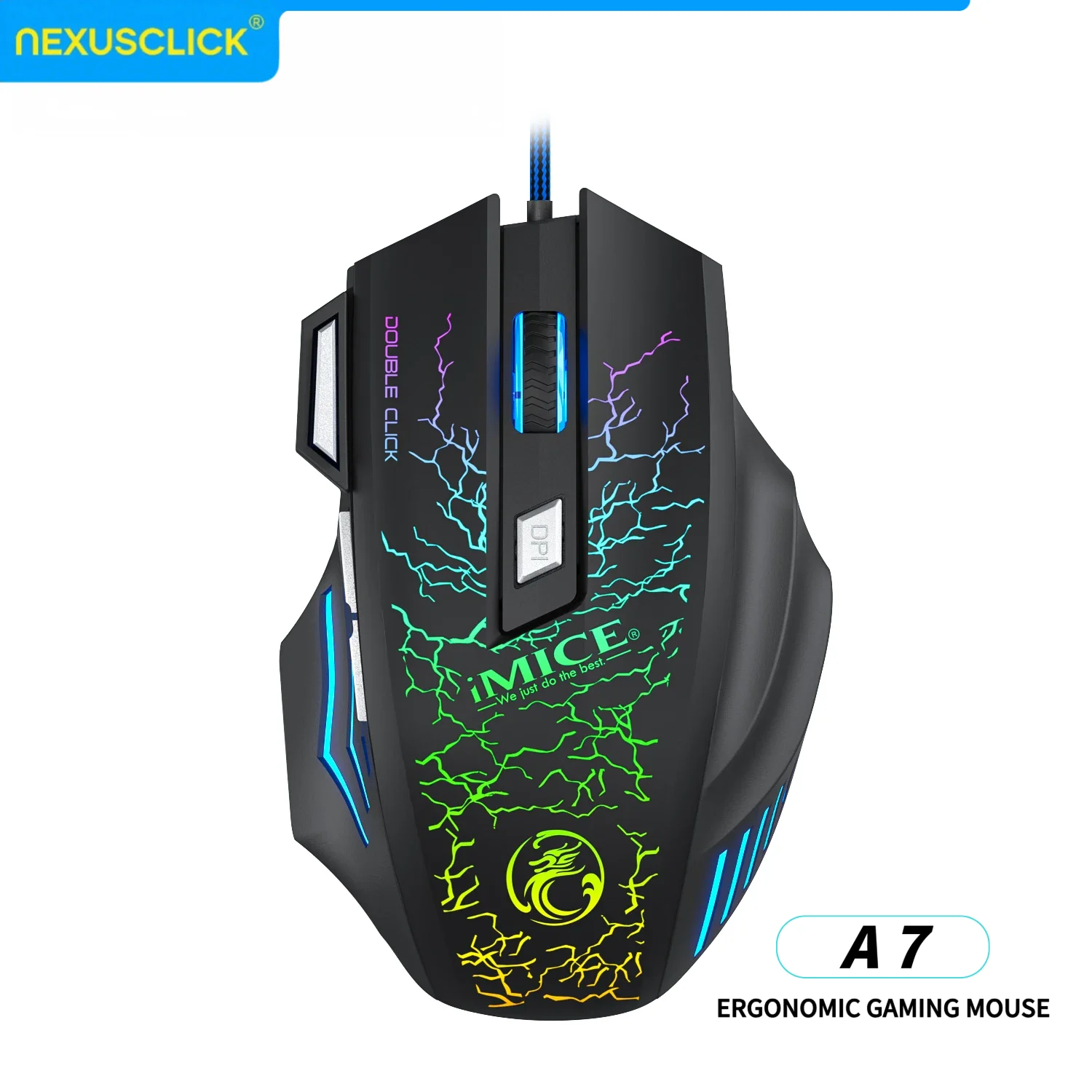 NexusClick New Hyperspeed USB Gaming Mouse, RGB Backlit 2400 DPI Ergonomic Game Mice 7D Esports Wired Mouse for Laptop PC Gamer