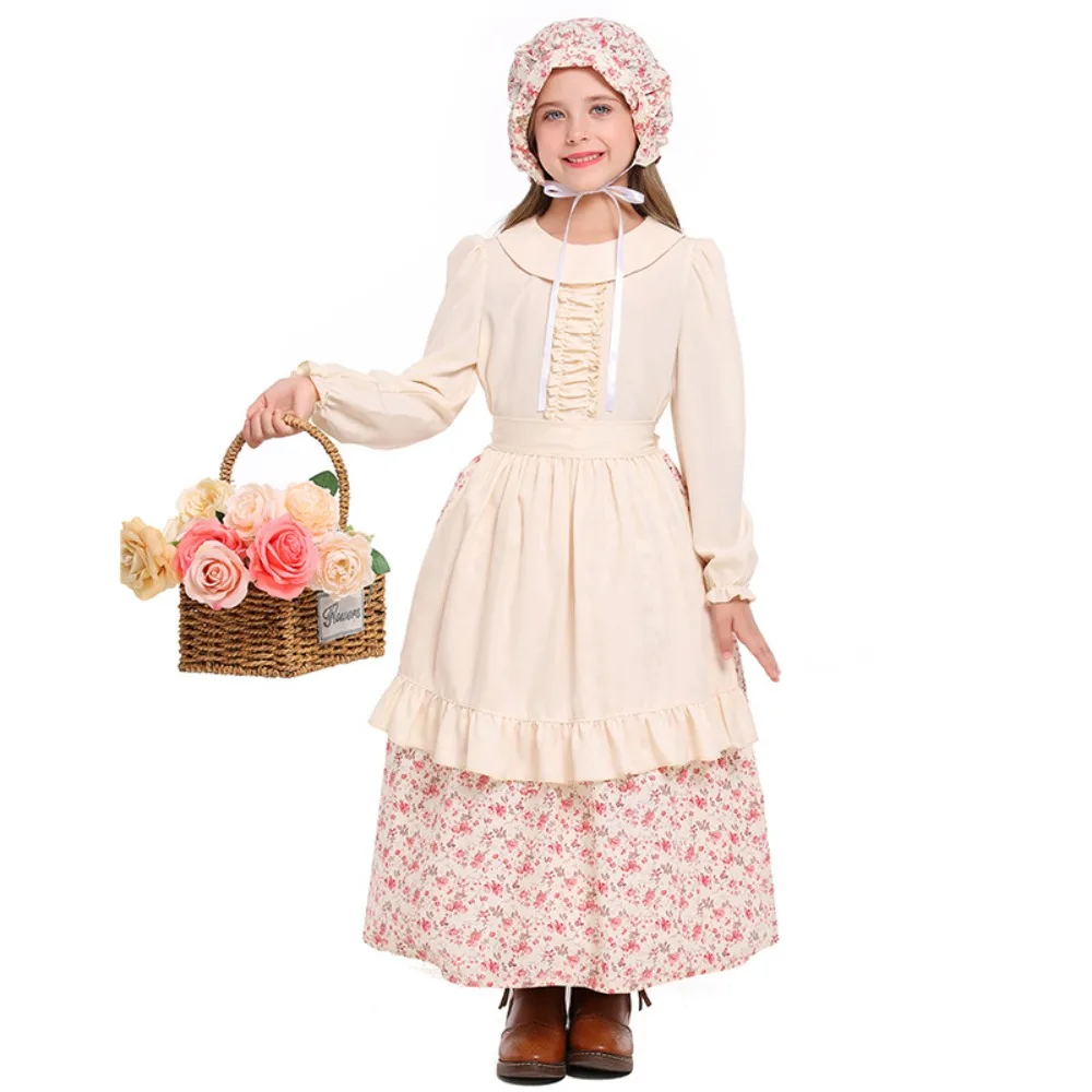 새로운 듀얼 컬러 더블 모자 인쇄 목가적 인 소녀 할로윈 매너 농부 의상
