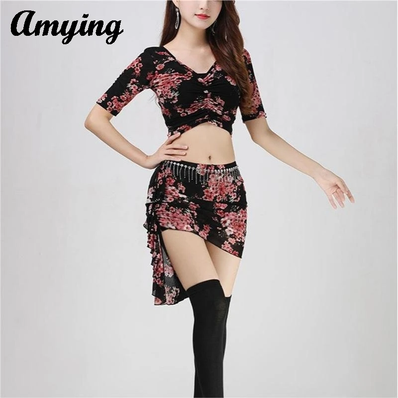 New Belly Dance Practice Clothing Set with Water Yarn Printing Floral Pattern Practice Performance Clothing Large Size Slimming