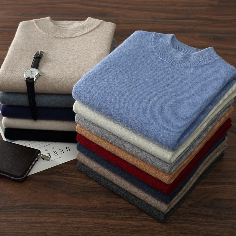 シックな長袖ニット 100% カシミヤセーター メンズ服 セミハイネック 秋と冬 ビジネスカジュアル ベースシャツ トップ
