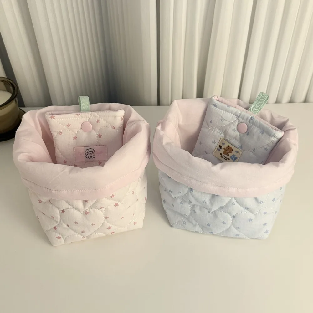 Pink Blue Heart Polka Dot Quilted Storage Basket for Desk Ins Soft Cotton Organizer Bin Versatile Cosmetic Tote for Bedroom