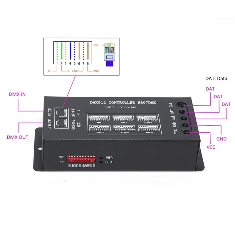 Контроллер DMX512, подключение к консоли DMX512, поддержка WS2812,WS2813,UCS1903,Etc.13 каналов DMX на устройство