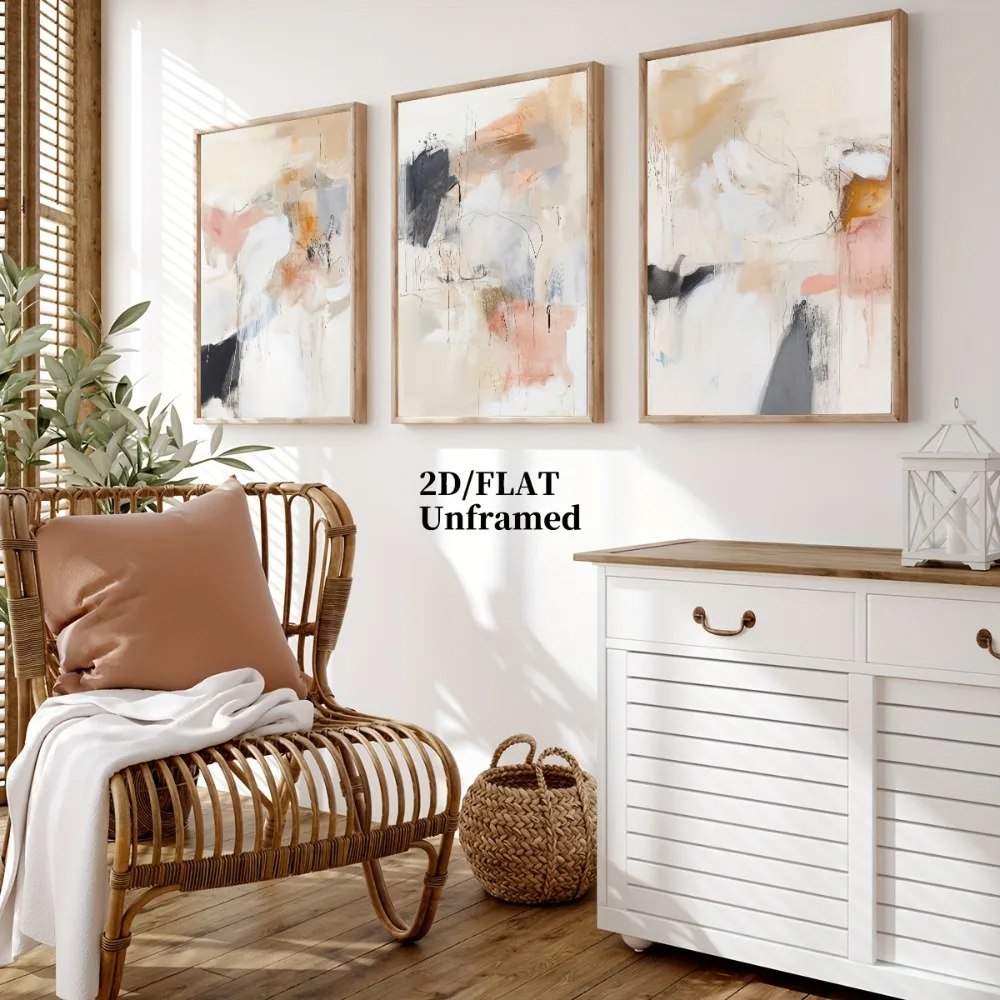 3pcs Frameless,Neutral Beige Blush Pink Abstract Line Wall Decor Art Painting,Dreamy Abstract Geometric Canvas Poster,Room Decor